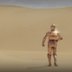 C-3PO walks across the desolate desert sands of Tatooine in the glaring sun.